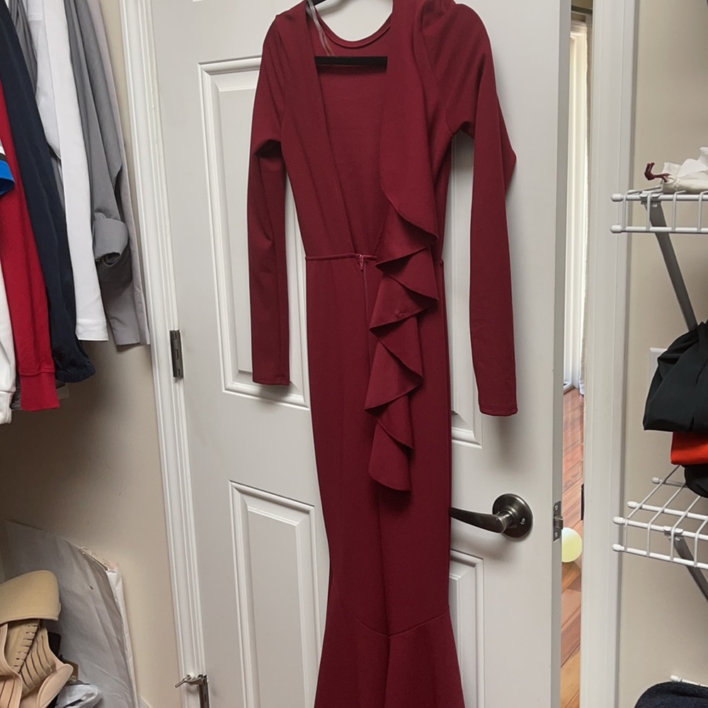 Dark red long sleeve open back evening gown